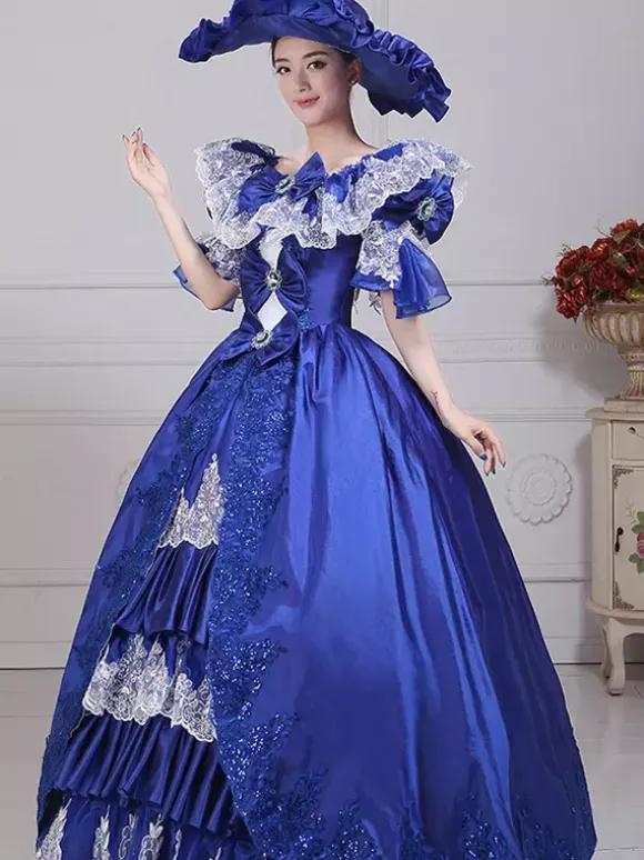 VictorianDress Womens Vintage Gown Dress Blue Satin Lace Bateau Puff Sleeve Drama Show Evening Dress