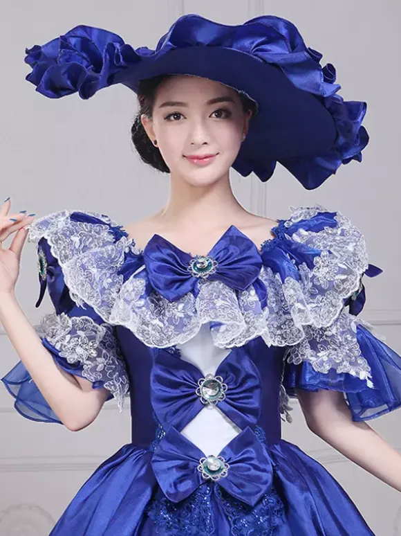 VictorianDress Womens Vintage Gown Dress Blue Satin Lace Bateau Puff Sleeve Drama Show Evening Dress