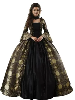 VictorianDress Black Gold Tudor Dress Costumes Lace Up Satin Fabric Marie Antoinette Costume Floral Print Dress Women's Gothic Set Party Prom Dress