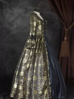 VictorianDress Black Gold Tudor Dress Costumes Lace Up Satin Fabric Marie Antoinette Costume Floral Print Dress Women's Gothic Set Party Prom Dress