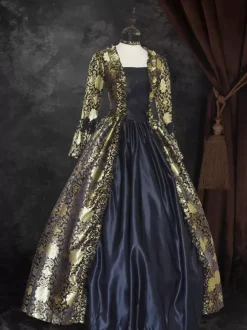VictorianDress Black Gold Tudor Dress Costumes Lace Up Satin Fabric Marie Antoinette Costume Floral Print Dress Women's Gothic Set Party Prom Dress