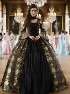 VictorianDress Black Gold Tudor Dress Costumes Lace Up Satin Fabric Marie Antoinette Costume Floral Print Dress Women's Gothic Set Party Prom Dress