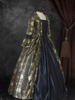 VictorianDress Black Gold Tudor Dress Costumes Lace Up Satin Fabric Marie Antoinette Costume Floral Print Dress Women's Gothic Set Party Prom Dress