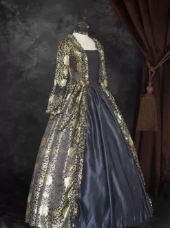 VictorianDress Black Gold Tudor Dress Costumes Lace Up Satin Fabric Marie Antoinette Costume Floral Print Dress Women's Gothic Set Party Prom Dress