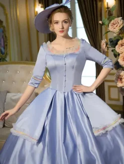 Victorian Dress Costume Blue Half Sleeves Squared Neckline Tunic Pleated Ball Gown Victorian era Clothing Costumes Dress