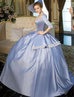 Victorian Dress Costume Blue Half Sleeves Squared Neckline Tunic Pleated Ball Gown Victorian era Clothing Costumes Dress