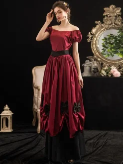 Victorian Dress Costumes Women's Red Trumpet Short Sleeves Bow Ball Gown Dress Victorian Era Clothing Marie Antoinette Costume Burgundy