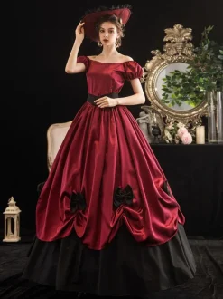 Victorian Dress Costumes Women's Red Trumpet Short Sleeves Bow Ball Gown Dress Victorian Era Clothing Marie Antoinette Costume Burgundy