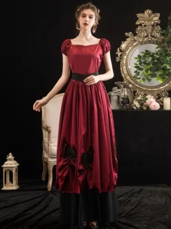 Victorian Dress Costumes Women's Red Trumpet Short Sleeves Bow Ball Gown Dress Victorian Era Clothing Marie Antoinette Costume Burgundy