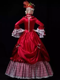 VictorianDress Costumes Women's Lace Ruffles Lace Polyester Marie Antoinette Costume Set Choker Dress 18th Century Costume Burgundy
