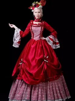 VictorianDress Costumes Women's Lace Ruffles Lace Polyester Marie Antoinette Costume Set Choker Dress 18th Century Costume Burgundy