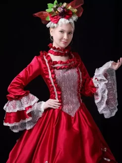 VictorianDress Costumes Women's Lace Ruffles Lace Polyester Marie Antoinette Costume Set Choker Dress 18th Century Costume Burgundy