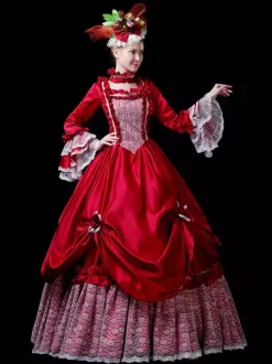 VictorianDress Costumes Women's Lace Ruffles Lace Polyester Marie Antoinette Costume Set Choker Dress 18th Century Costume Burgundy