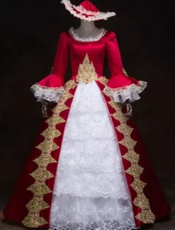 Victorian Dress Costume Women's Blue Women's Baroque Masquerade Ball Gowns Royal Half Sleeves Round Neckline with hat Victorian Era Clothing Retro Costume Burgundy