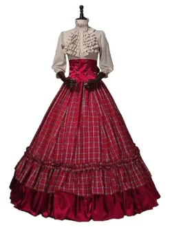 Victorian Dress Edwardian Burgundy Dress Ruffles Costumes Shirt Skirt Sets