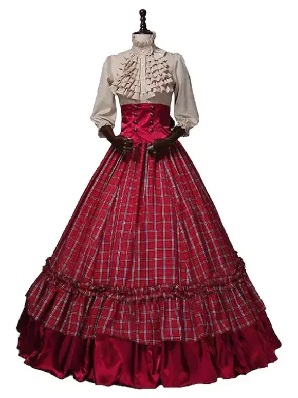 Victorian Dress Edwardian Burgundy Dress Ruffles Costumes Shirt Skirt Sets