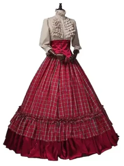 Victorian Dress Edwardian Burgundy Dress Ruffles Costumes Shirt Skirt Sets