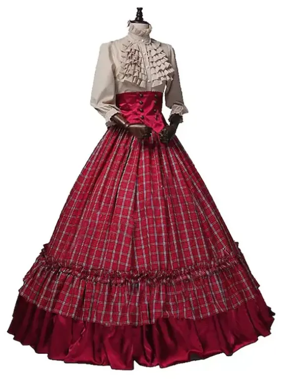Victorian Dress Edwardian Burgundy Dress Ruffles Costumes Shirt Skirt Sets