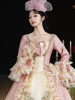 VictorianDress Pink Costumes Women's Floral Print Lace Ruffles Polyester Dress Headwear Marie Antoinette Costume Vintage Clothing