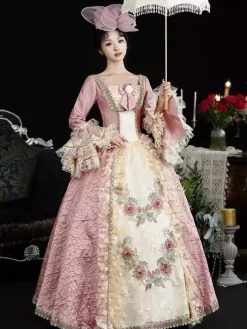 VictorianDress Pink Costumes Women's Floral Print Lace Ruffles Polyester Dress Headwear Marie Antoinette Costume Vintage Clothing