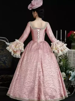 VictorianDress Pink Costumes Women's Floral Print Lace Ruffles Polyester Dress Headwear Marie Antoinette Costume Vintage Clothing