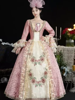 VictorianDress Pink Costumes Women's Floral Print Lace Ruffles Polyester Dress Headwear Marie Antoinette Costume Vintage Clothing