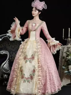 VictorianDress Pink Costumes Women's Floral Print Lace Ruffles Polyester Dress Headwear Marie Antoinette Costume Vintage Clothing