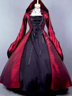 Victorian Dress Poplin Long Sleeves Witch Dress Costume Burgundy