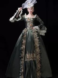 Victorian Retro Tudor Dress Costume Women's Retro Lace Ruffles Embroidered Baroque Style Marie Antoinette Trumpet Long Sleeves Sage Square Neckline Costumes Masquerade Ball Gown