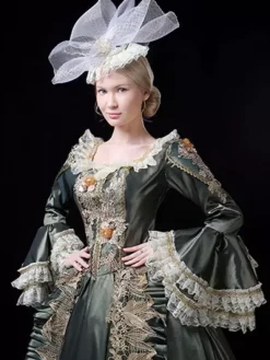 Victorian Retro Tudor Dress Costume Women's Retro Lace Ruffles Embroidered Baroque Style Marie Antoinette Trumpet Long Sleeves Sage Square Neckline Costumes Masquerade Ball Gown