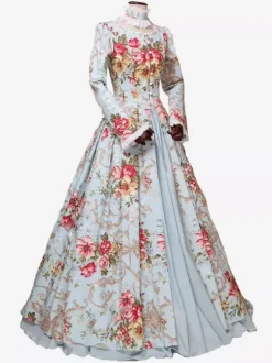 Victorian Retro Tudor Dress Costme Women's Sateen Light Sky Blue Floral Print Marie Antoinette Ball Gown trumpet Long Sleeves with Choker Victorian Era Clothing Costumes