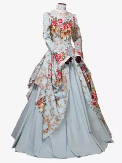 Victorian Retro Tudor Dress Costme Women's Sateen Light Sky Blue Floral Print Marie Antoinette Ball Gown trumpet Long Sleeves with Choker Victorian Era Clothing Costumes