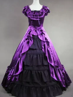 Victorian Retro Tudor Dress Costume Women's Purple Satin Ruffle Short Sleeves Ball Gown Retro Victorian era Clothing