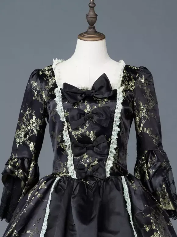 Victorian Retro Tudor Dress Costume Women's Dark Black Matte Satin Floral Print Dress Marie Antoinette Costume Women Victorian Era Style Set 18th Century Costume