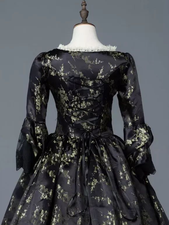 Victorian Retro Tudor Dress Costume Women's Dark Black Matte Satin Floral Print Dress Marie Antoinette Costume Women Victorian Era Style Set 18th Century Costume