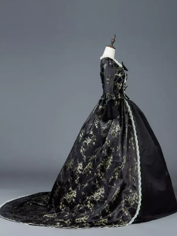 Victorian Retro Tudor Dress Costume Women's Dark Black Matte Satin Floral Print Dress Marie Antoinette Costume Women Victorian Era Style Set 18th Century Costume