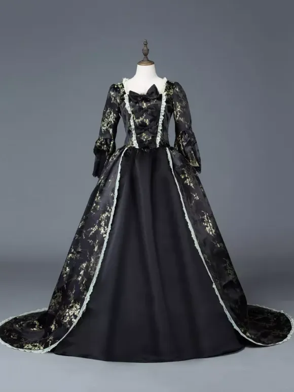 Victorian Retro Tudor Dress Costume Women's Dark Black Matte Satin Floral Print Dress Marie Antoinette Costume Women Victorian Era Style Set 18th Century Costume