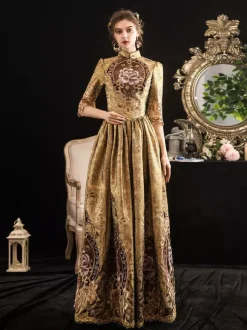 Victorian Retro Tudor Dress Costumes Women's Blonde Half Sleeves Stand Collar Victorian Era Style Marie Antoinette Costume Dress Masquerade Ball Gown