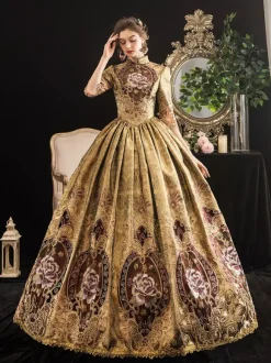 Victorian Retro Tudor Dress Costumes Women's Blonde Half Sleeves Stand Collar Victorian Era Style Marie Antoinette Costume Dress Masquerade Ball Gown