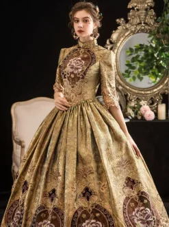 Victorian Retro Tudor Dress Costumes Women's Blonde Half Sleeves Stand Collar Victorian Era Style Marie Antoinette Costume Dress Masquerade Ball Gown