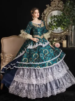 Victorian Retro Tudor Dress Costumes Women's Rococo Retro Tudor Dress Costumes Women's Lace Ruffle Jacquard Marie Antoinette Costume Masquerade Ball Gown
