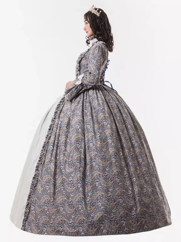 Victorian Retro Tudor Dress Costume Women's Baby Blue Trumpet Long Sleeves Ruffle Floral Print Ball Gown Victorian Era Style Set with Choker Vintage Clothing