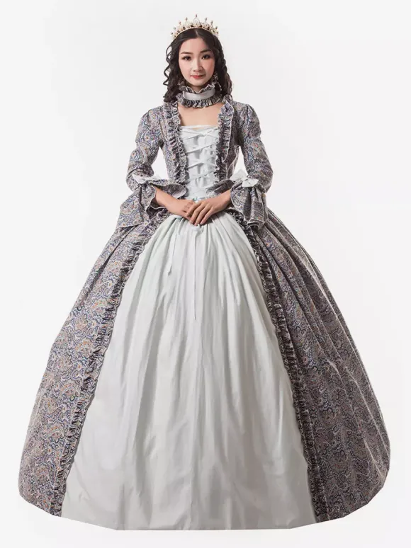 Victorian Retro Tudor Dress Costume Women's Baby Blue Trumpet Long Sleeves Ruffle Floral Print Ball Gown Victorian Era Style Set with Choker Vintage Clothing