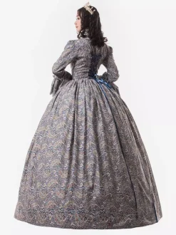 Victorian Retro Tudor Dress Costume Women's Baby Blue Trumpet Long Sleeves Ruffle Floral Print Ball Gown Victorian Era Style Set with Choker Vintage Clothing