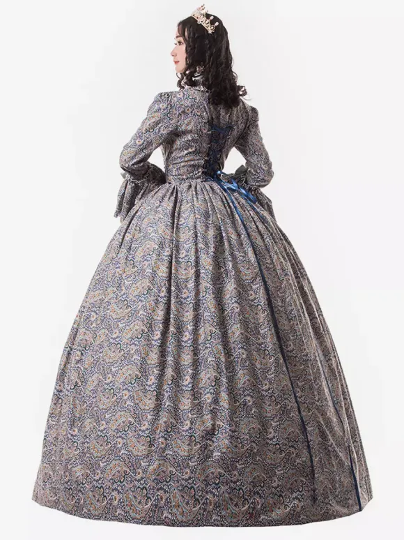 Victorian Retro Tudor Dress Costume Women's Baby Blue Trumpet Long Sleeves Ruffle Floral Print Ball Gown Victorian Era Style Set with Choker Vintage Clothing