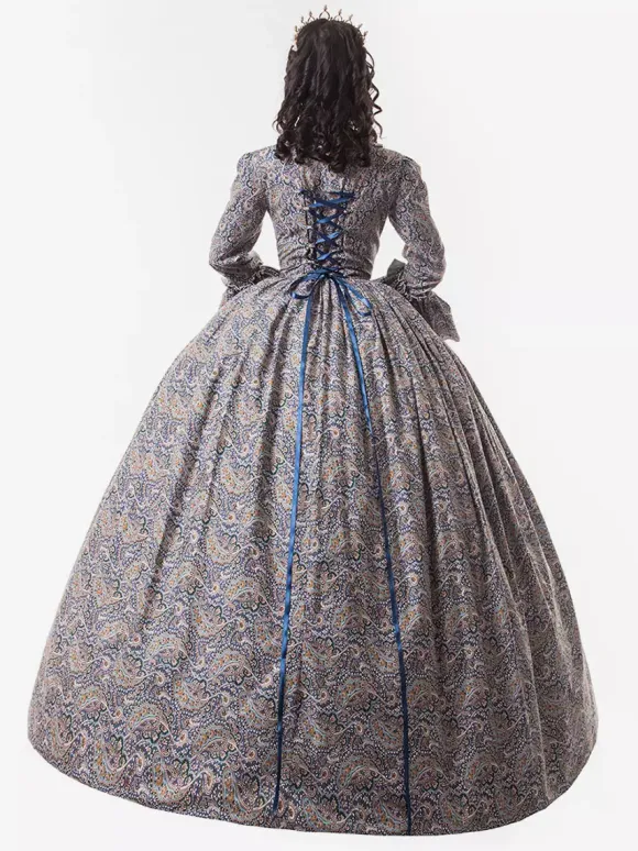 Victorian Retro Tudor Dress Costume Women's Baby Blue Trumpet Long Sleeves Ruffle Floral Print Ball Gown Victorian Era Style Set with Choker Vintage Clothing