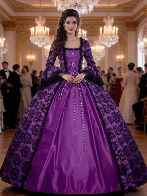Victorian Retro Tudor Dress Costume Women's Long Gothic Trumpet Long sleeves Purple Ball Gown Square neckline Victorian Era Clothing with hat Retro Tudor Dress Costumes