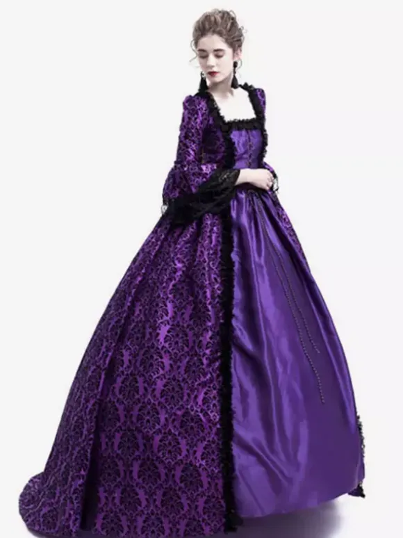 Victorian Retro Tudor Dress Costume Women's Long Gothic Trumpet Long sleeves Purple Ball Gown Square neckline Victorian Era Clothing with hat Retro Tudor Dress Costumes