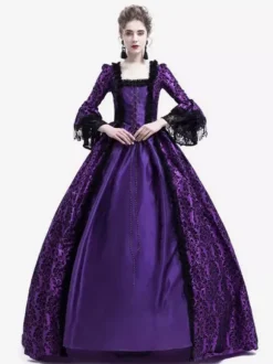 Victorian Retro Tudor Dress Costume Women's Long Gothic Trumpet Long sleeves Purple Ball Gown Square neckline Victorian Era Clothing with hat Retro Tudor Dress Costumes