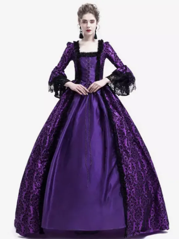Victorian Retro Tudor Dress Costume Women's Long Gothic Trumpet Long sleeves Purple Ball Gown Square neckline Victorian Era Clothing with hat Retro Tudor Dress Costumes